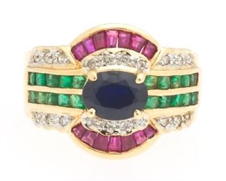 Ladies Gold, Blue Sapphire, Emerald, Ruby and Diamond Ring 