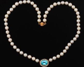 Ladies Gold, Blue Topaz and Diamond Single Strand Pearl Necklace 