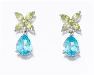 Ladies Gold, Blue Topaz, Peridot and Diamond Pair of Earrings 