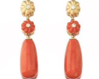 Ladies Gold, Coral and Diamond Pair of Dangle Earrings 