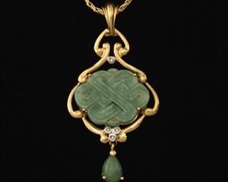 Ladies Gold, Diamond and Carved Chinese Celadon Jade 