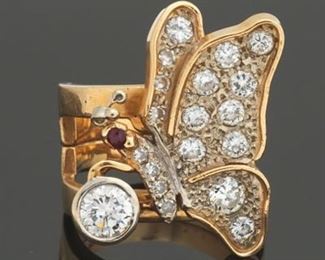 Ladies Gold, Diamond and Ruby Butterfly Ring 