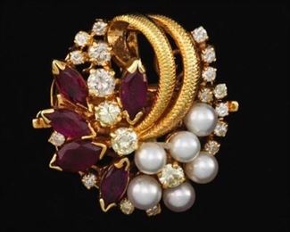 Ladies Gold, Diamond, Pearl and Ruby Pendant Brooch Clasp