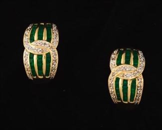 Ladies Gold, Emerald and Diamond Pair of Ear Clips 