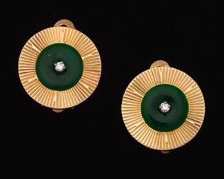Ladies Gold, Green Nephrite Jade and Diamond Pair of Ear Clips 