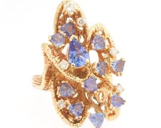 Ladies Gold, Lavender Tanzanite and Diamond Organic Form Ring 