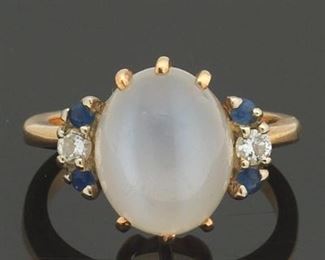 Ladies Gold, Moonstone Diamond and Blue Sapphire Ring 