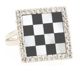 Ladies Gold, MotherofPearl, Black Onyx and White Topaz Ring 