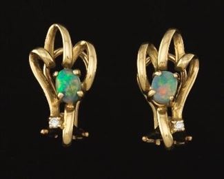 Ladies Gold, Opal and Diamond Pair of Freeform Earrings 