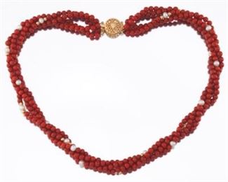 Ladies Gold, Pearl and Coral Necklace 