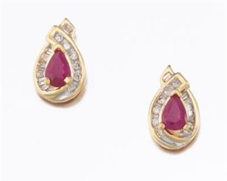 Ladies Gold, Ruby and Diamond Pair of Earrings 