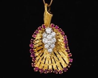 Ladies Gold, Ruby and Diamond Pendant on Chain 