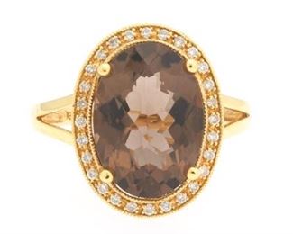 Ladies Gold, Smoky Quartz and Diamond Cocktail Ring 