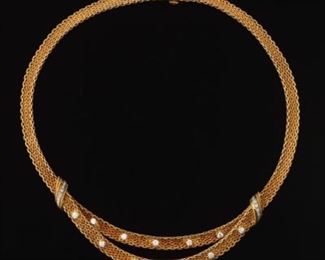 Ladies Grosse 1965 Vintage German Gold and Diamond Mesh Necklace 