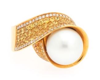 Ladies GV Italian Gold, 12 mm Pearl, Yellow Sapphire and Diamond Ring 