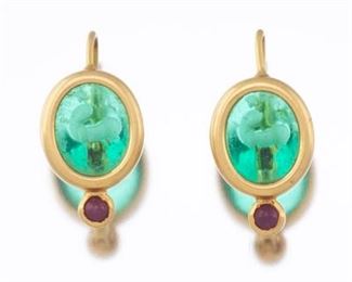 Ladies Italian Gold and Carved Emerald Glass Tagliamonte Pair of Earrings 