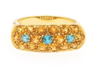Ladies Italian Gold, Amber Citrine and Blue Topaz Saddle Ring 