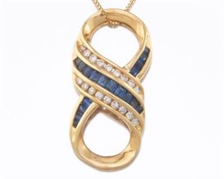 Ladies Italian Gold, Blue Sapphire and Diamond Slider on Chain 