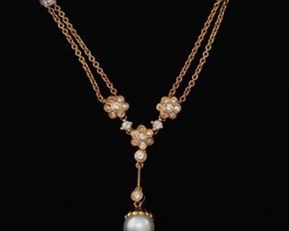 Ladies Italian Gold, Diamond and Pearl Necklace 
