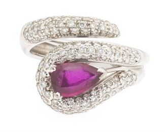 Ladies Italian Gold, Ruby and Diamond Bypass Ring 