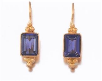 Ladies Jane Diaz Gold and Tanzanite Pair of Lantern Earrings 