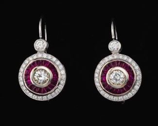 Ladies JCB Art Deco Style Gold, Diamond and Ruby Pair of Earrings 