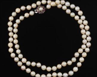 Ladies Matinee Pearl and Ruby Necklace 