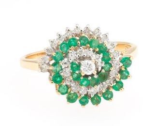 Ladies Oscar Heyman Style Gold, Emerald and Diamond Swirl Ring 