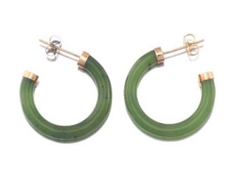 Ladies Pair of Gold and Green Jade Nephrite Hoop Earrings 