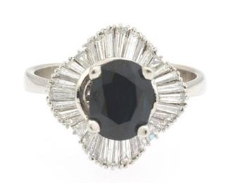 Ladies Platinum, Blue Sapphire and Diamond Ballerina Ring 