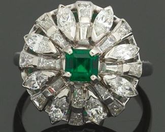 Ladies Platinum, Emerald and Diamond Princess Cocktail Ring 