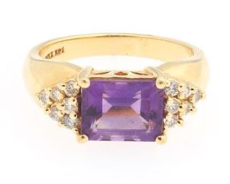 Ladies Renaissance Revival Gold, Amethyst and Diamond Ring 