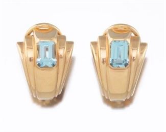 Ladies Retro Gold and Blue Topaz Pair of Ear Clips 