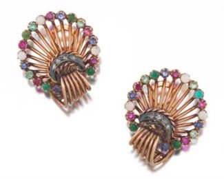 Ladies Retro Rose Gold, Silver, MultiGemstone and Rose Cut Diamond Pair of Peacock Ear Clips 