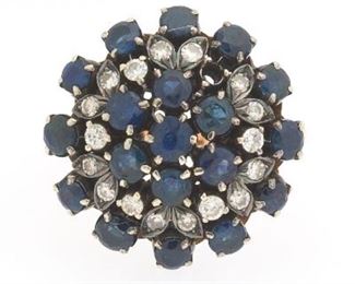 Ladies Retro TwoTone Gold, Blue Sapphire and Diamond Cocktail Ring 