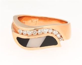 Ladies Solid Rose Gold, MotherofPearl, Black Onyx and Diamond Ring