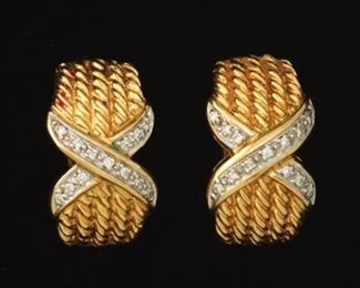 Ladies Tiffany Style TwoTone Gold and Diamond Pair of Earrings 