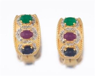 Ladies TwoTone Gold, Ruby, Blue Sapphire, Emerald and Diamond Pair of Ear Clips 