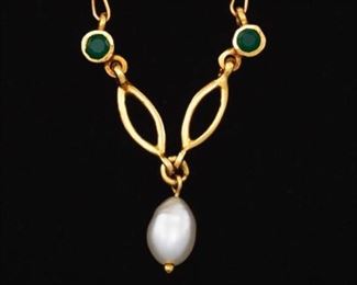 Ladies Victorian Gold, Seed Pearl and Emerald Necklace 