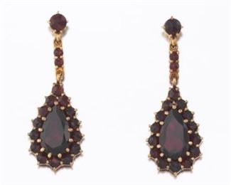 Ladies Victorian Style Gold and Garnet Pair of Dangle Earrings 