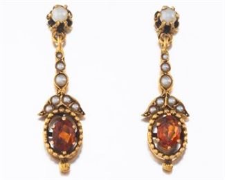 Ladies Victorian Style Gold, Orange Garnet and Seed Pearl Pair of Dangle Earrings 