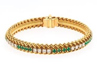 Ladies Vintage French Gold, Emerald and Diamond Bracelet 