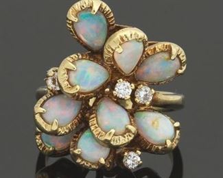 Ladies Vintage Gold, Opal and Diamond Layered Cluster Ring 