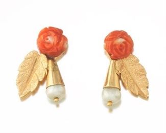 Ladies Vintage Gold, Pearl and Carved Coral Pair of Earrings 