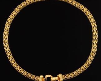 Ladies Vintage Italian Gold and Blue Sapphire Parisian Wheat Design Necklace 