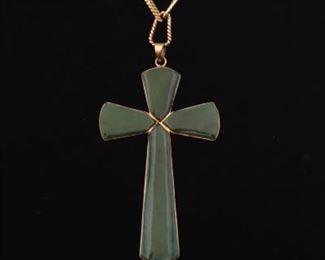 Large Gold and Nephrite Cross Pendant on Heavy Chain 