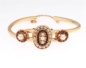 Lucien Piccard Gold, Pearl and Garnet Flexible Cuff Bangle 