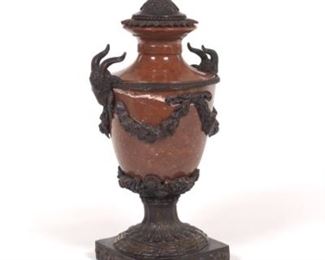 Neoclassic Style Patinated Brass and Carved Rouge Marble Urn Vase 