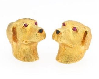 Pair of 3D Gold, Ruby and Black Onyx Sculpted Labrador Head Ear Clips 