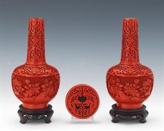 Pair of Chinese Carved Cinnabar Bottle Vases on Stands and Circular Cinnabar Box with Cover 